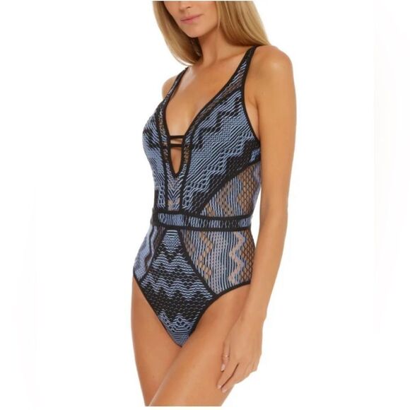 Becca Swimsuit One Piece Crochet Plunge Neck Blue and black Size XS New - Picture 1 of 7